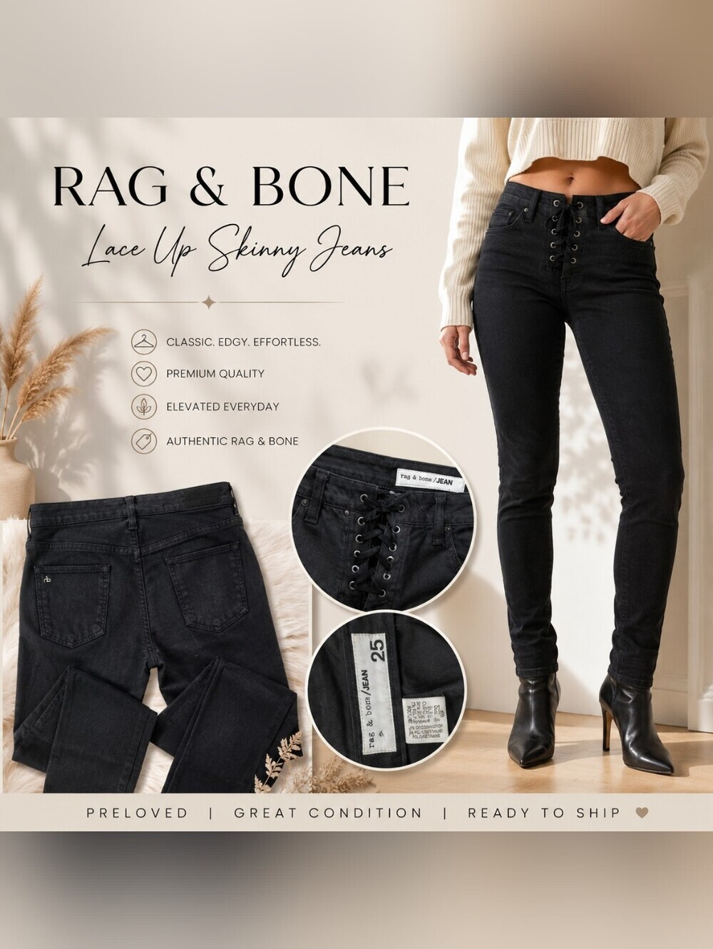 Rag & Bone Jean Black Coal Corset Lace-Up Skinny Jeans Size 25